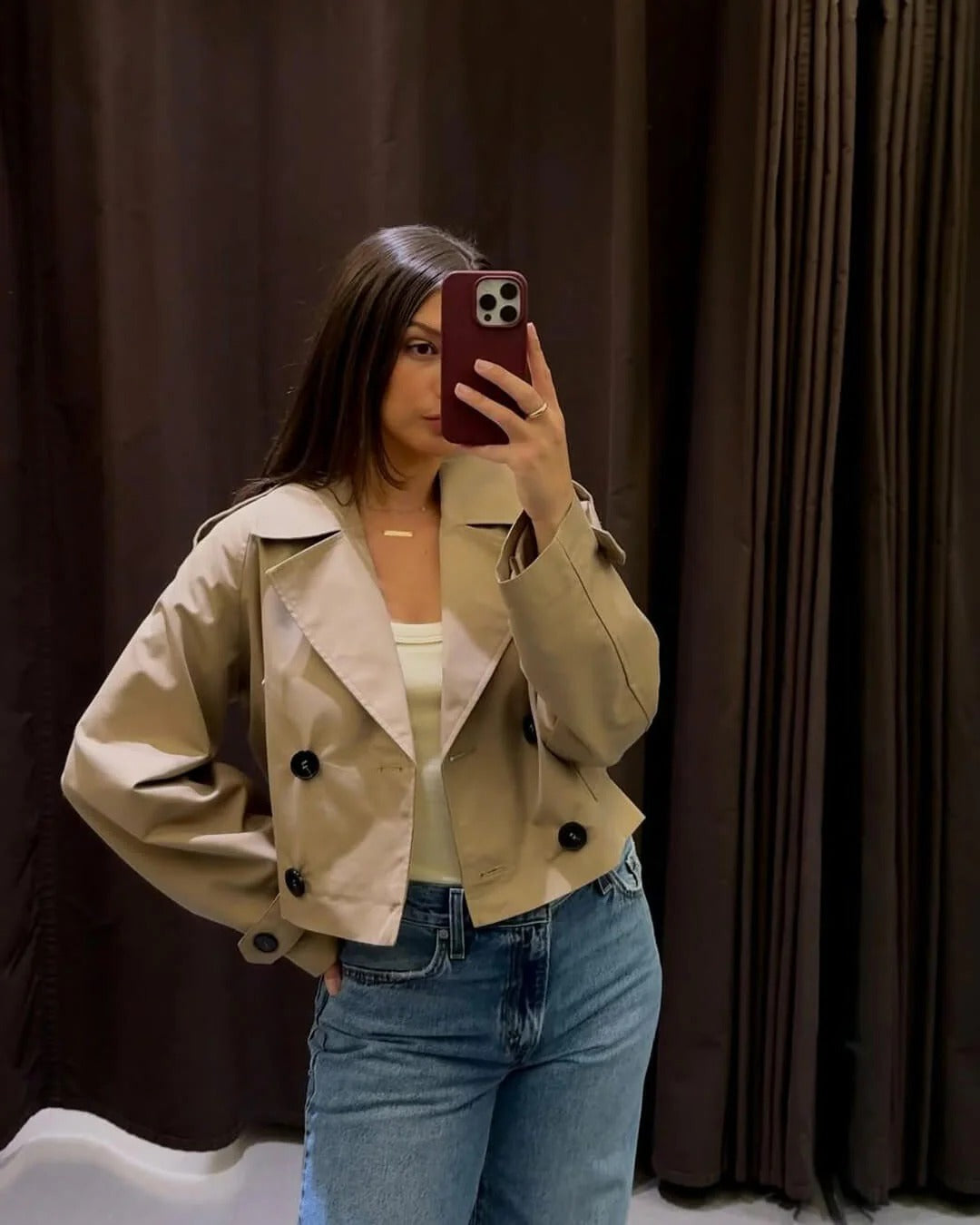 Trench court femme double boutonnage revers tailleur mi-saison