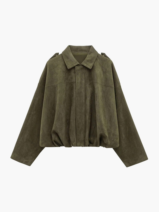 Elegantní dámská bomber bunda z umělého semiše se strukturovaným límcem a matným povrchem