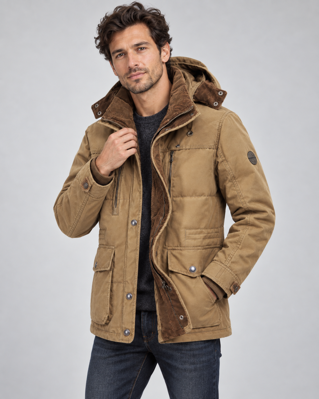 Cappotto invernale da uomo caldo, con fodera in pile e cappuccio rimovibile