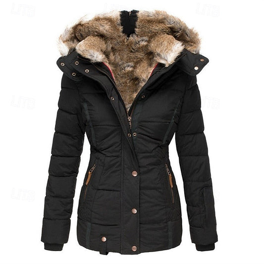 Cappotto trapuntato da donna con cappuccio rimovibile, vita sagomata, tasche
