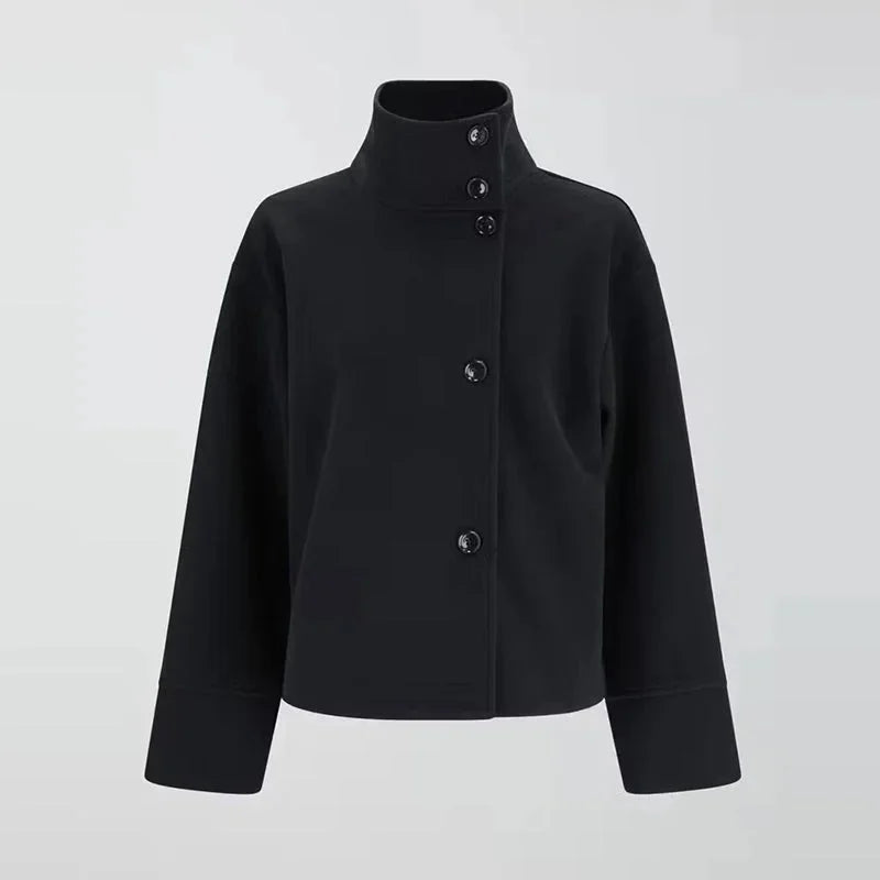 Women’s short coat with buttons, stand collar, elegant and modern