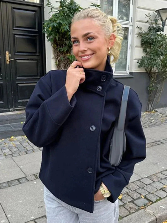 Women’s short coat with buttons, stand collar, elegant and modern