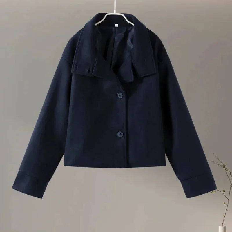 Women’s short coat with buttons, stand collar, elegant and modern