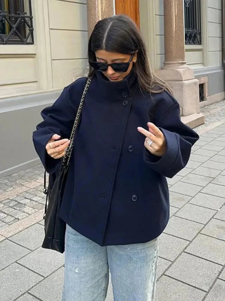 Women’s short coat with buttons, stand collar, elegant and modern