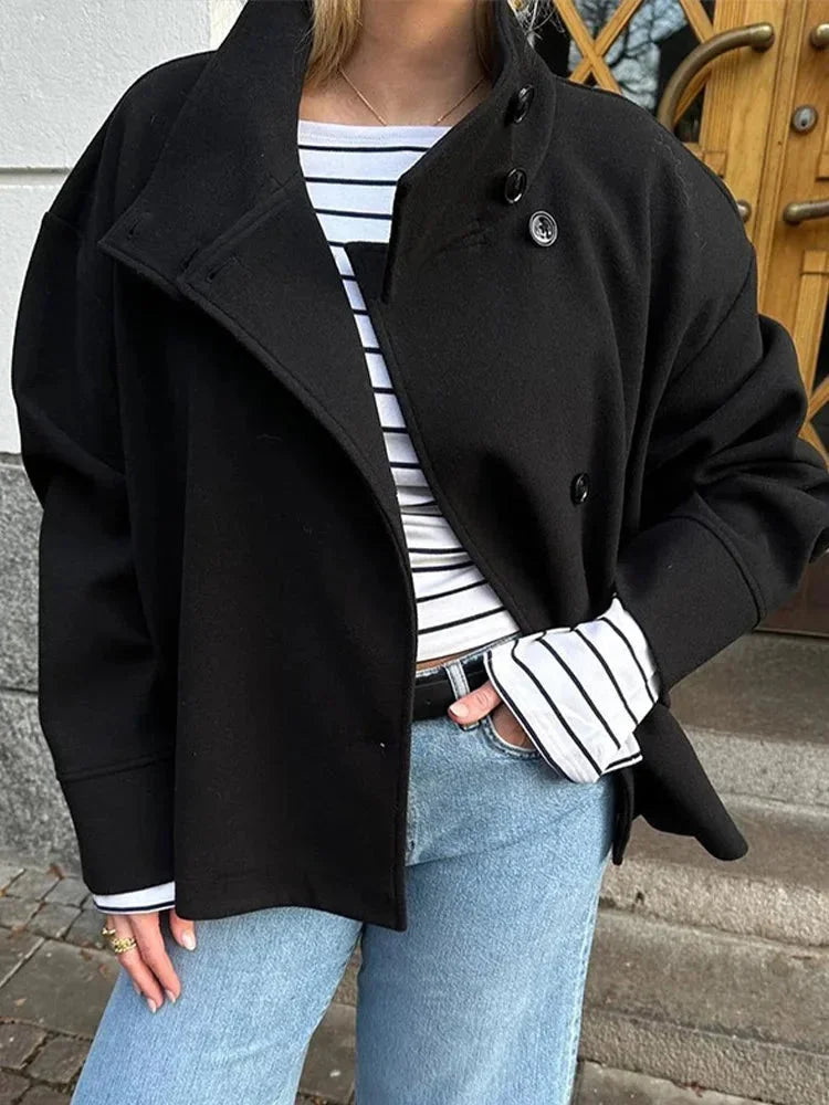 Women’s short coat with buttons, stand collar, elegant and modern