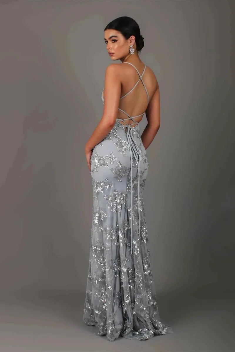 Robe soirée longue femme paillettes dos nu bretelles spaghetti