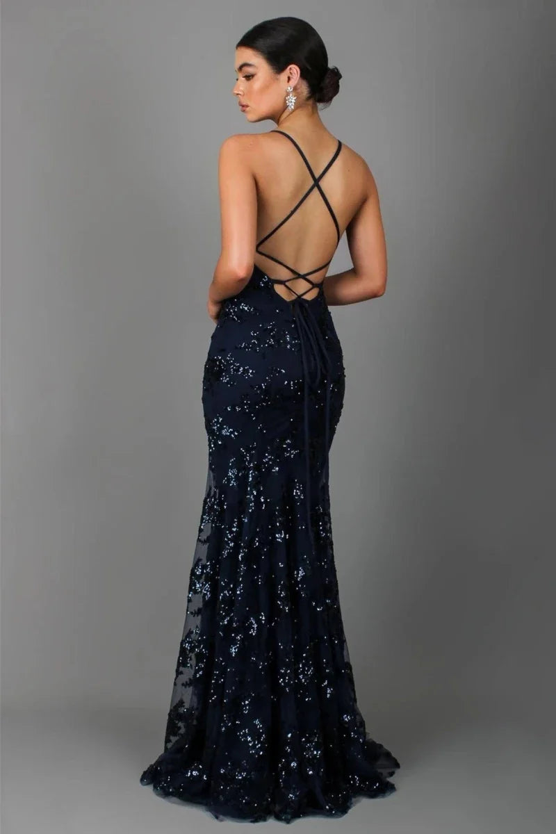 Robe soirée longue femme paillettes dos nu bretelles spaghetti