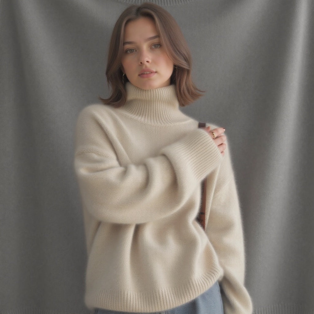Pull col roulé oversize femme cachemire chaud doux élégant