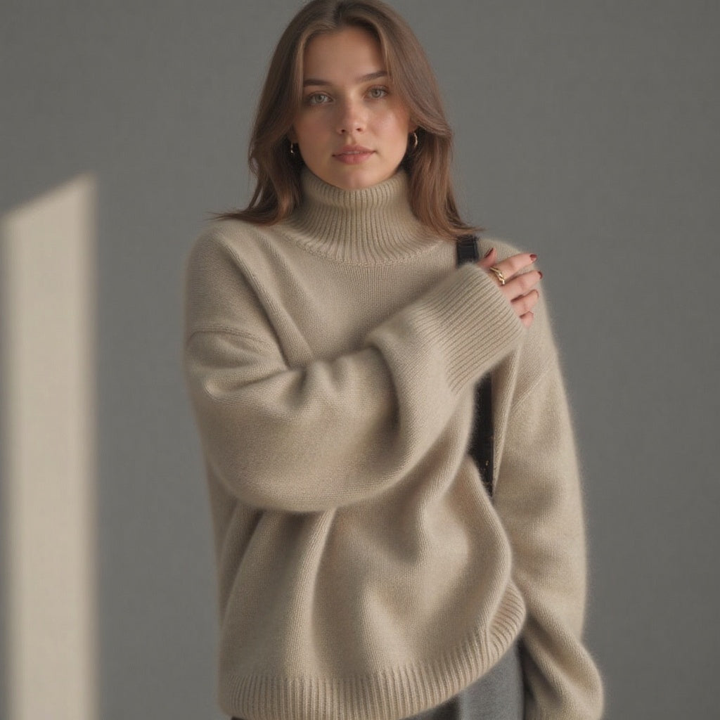 Pull col roulé oversize femme cachemire chaud doux élégant