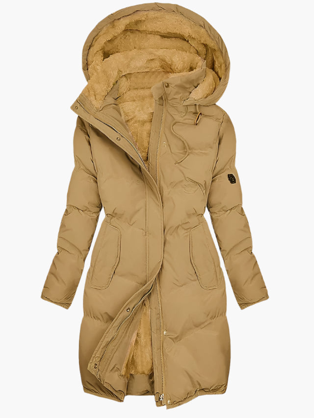 Abrigo largo de invierno para mujer, con capucha de piel sintética, elegante