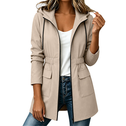 Women's fitted waterproof jacket, lightweight hood, spring