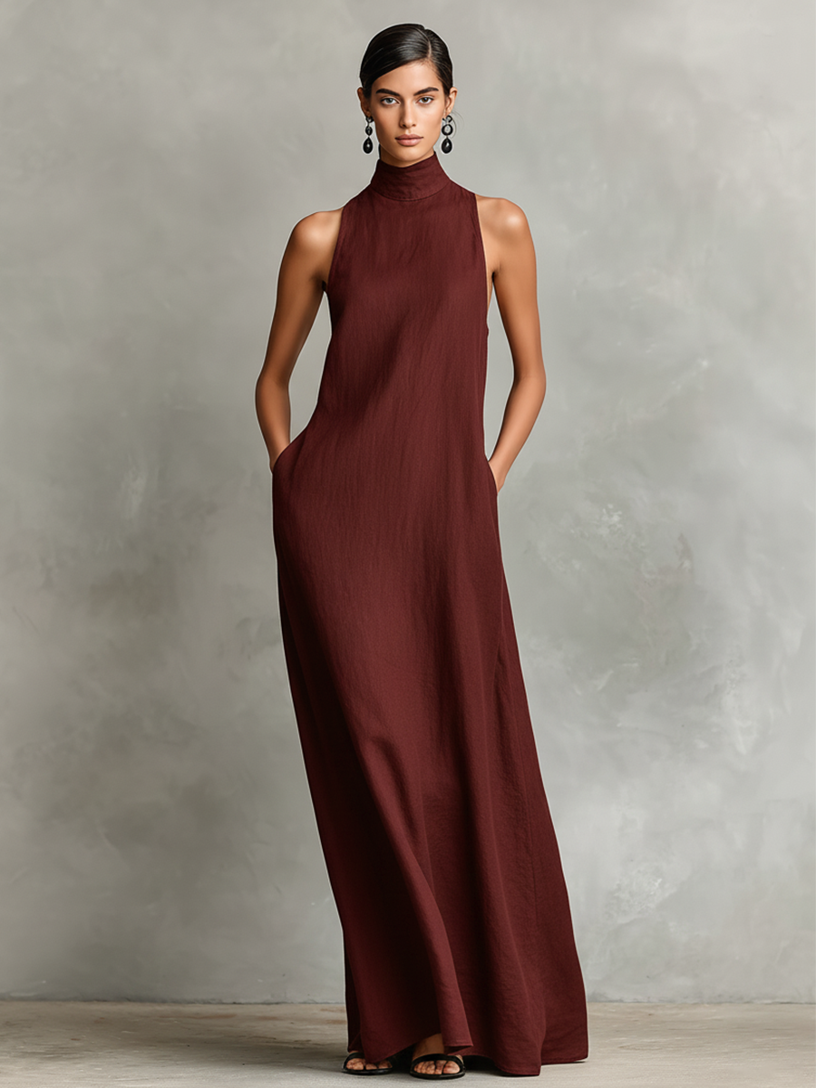 Robe maxi femme lin col montant poches latérales minimaliste