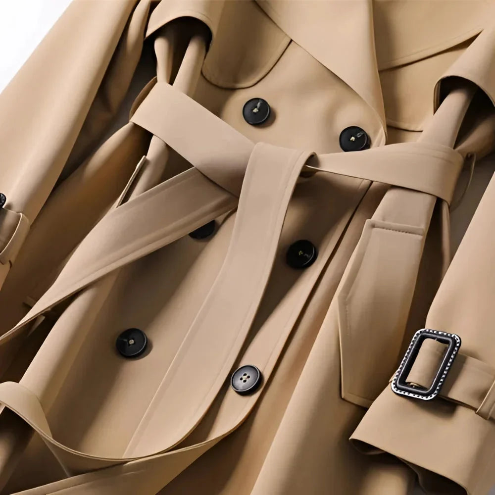 Trench-coat long femme ceinturé revers classique élégant