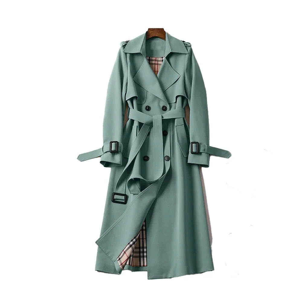 Trench-coat long femme ceinturé revers classique élégant
