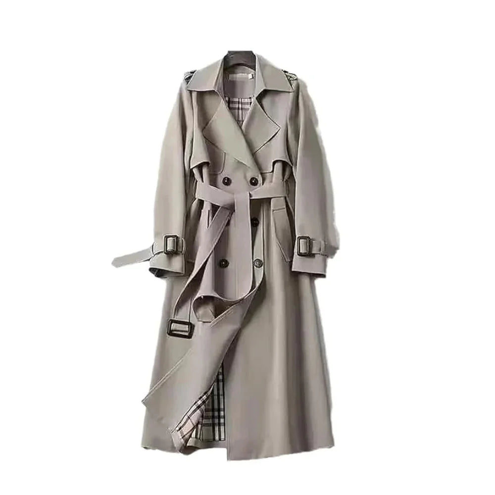 Trench-coat long femme ceinturé revers classique élégant