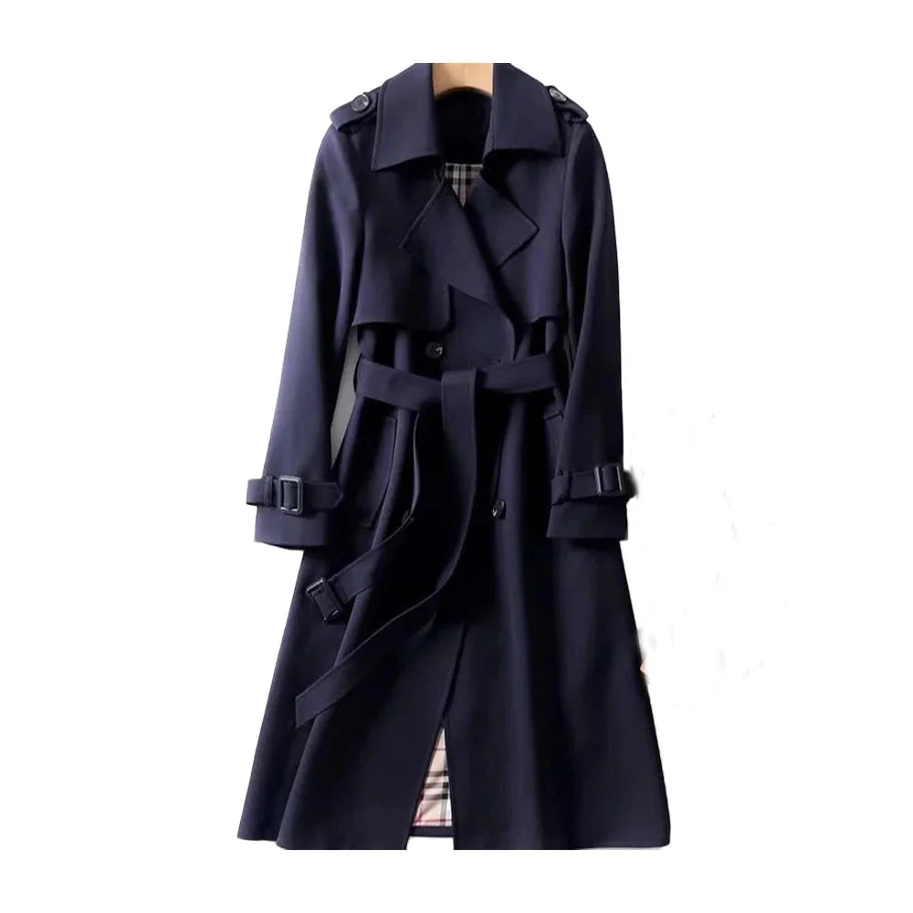 Trench-coat long femme ceinturé revers classique élégant