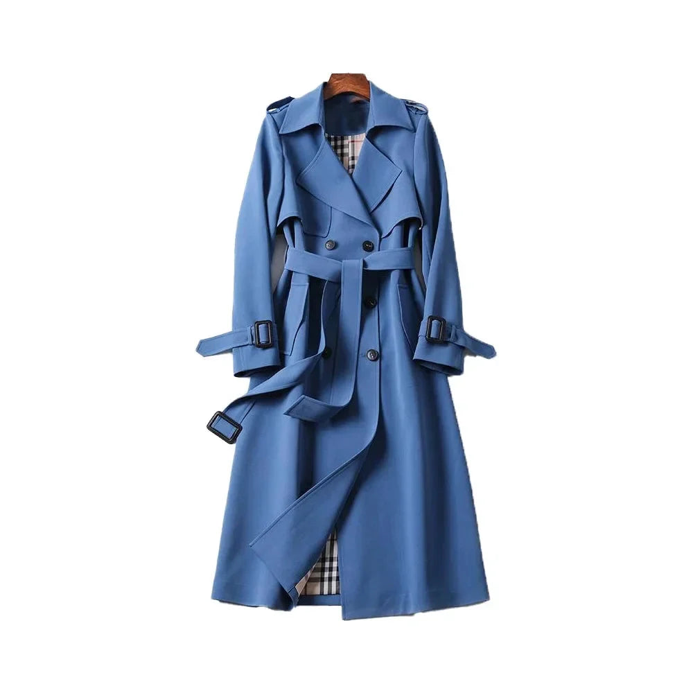 Trench-coat long femme ceinturé revers classique élégant