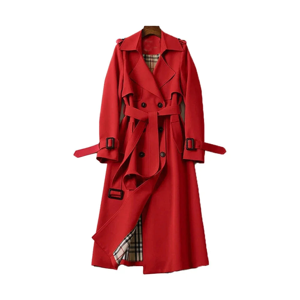 Trench-coat long femme ceinturé revers classique élégant