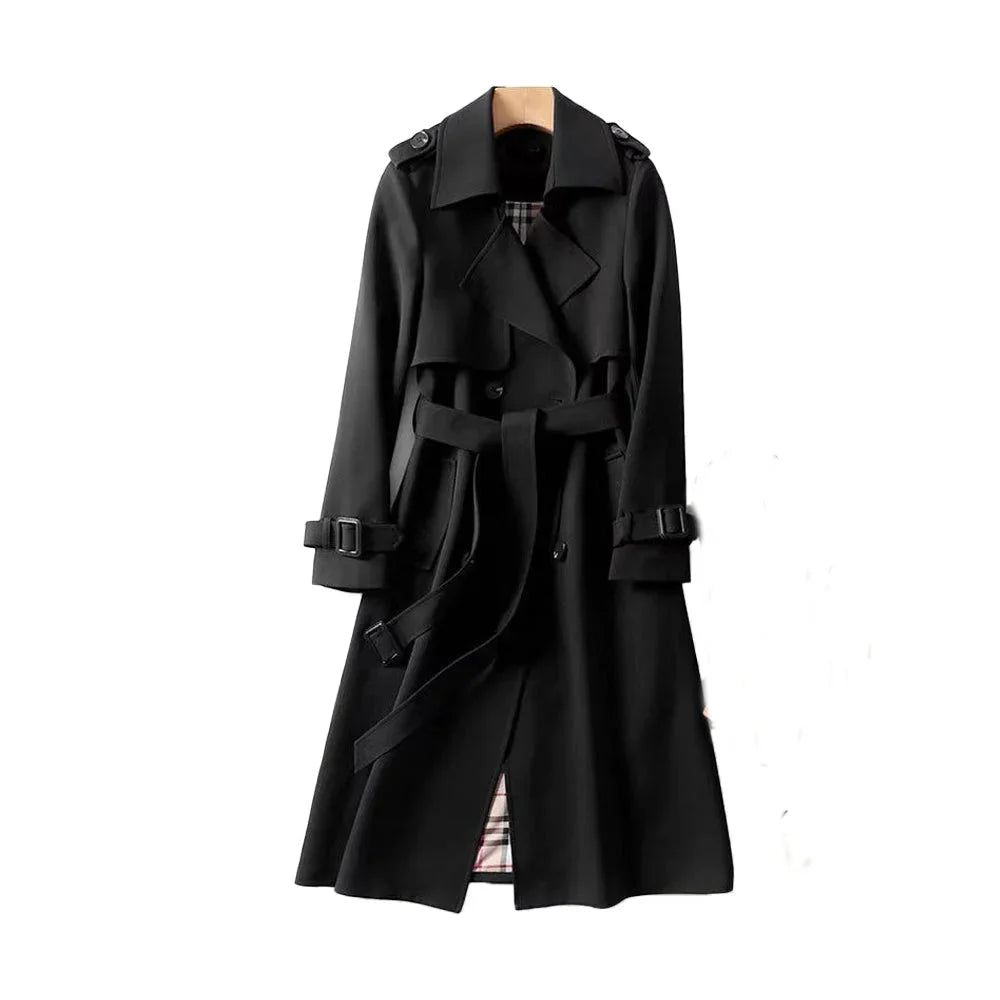 Trench-coat long femme ceinturé revers classique élégant