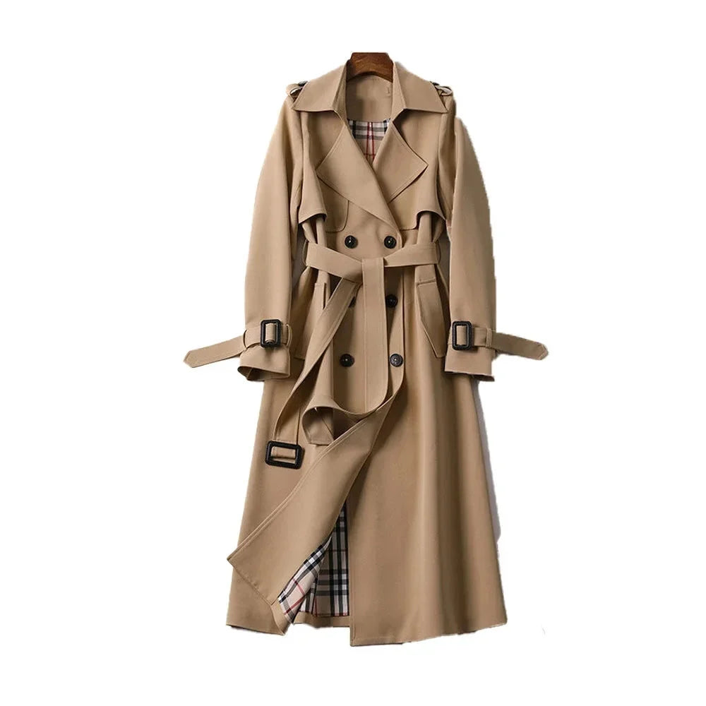 Trench-coat long femme ceinturé revers classique élégant