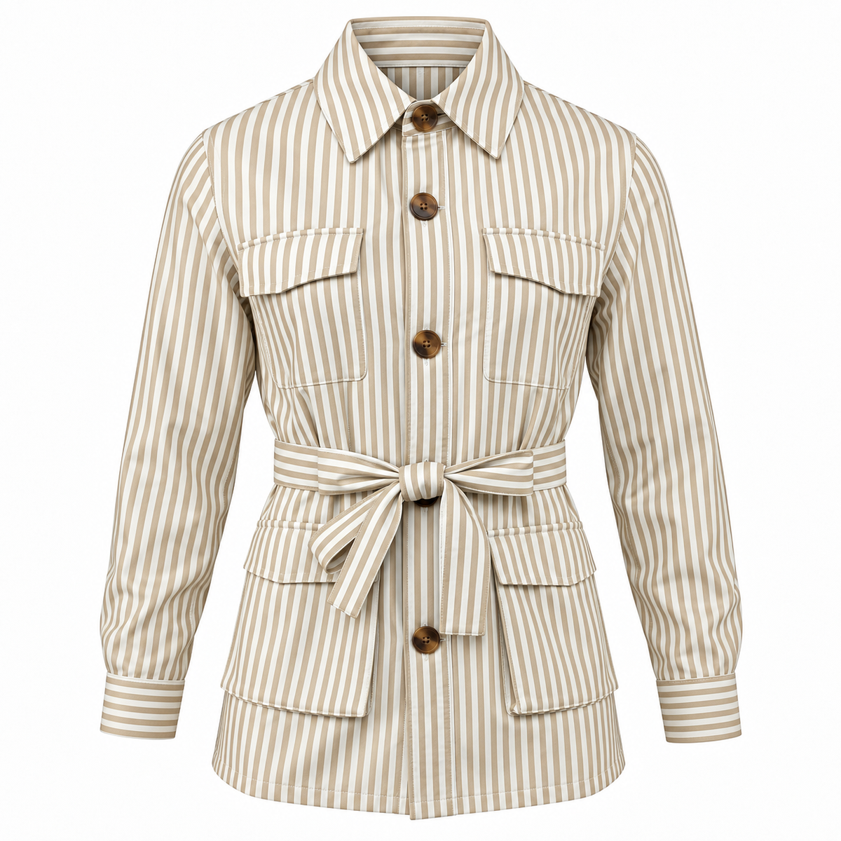 Chaqueta sahariana para hombre, a rayas, con cinturón y cuatro bolsillos de parche