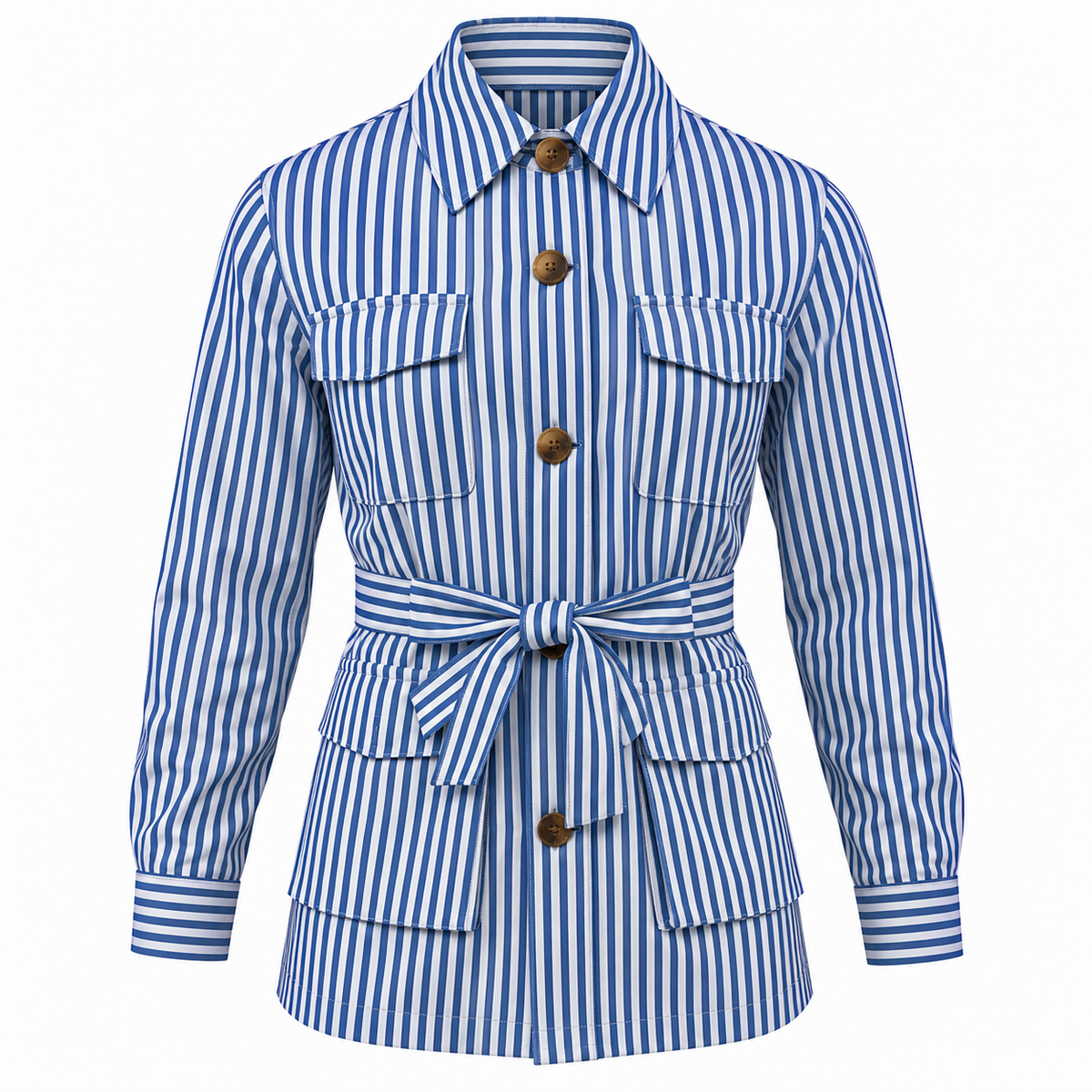 Chaqueta sahariana para hombre, a rayas, con cinturón y cuatro bolsillos de parche