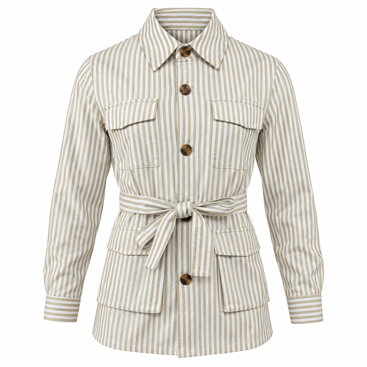 Chaqueta sahariana para hombre, a rayas, con cinturón y cuatro bolsillos de parche