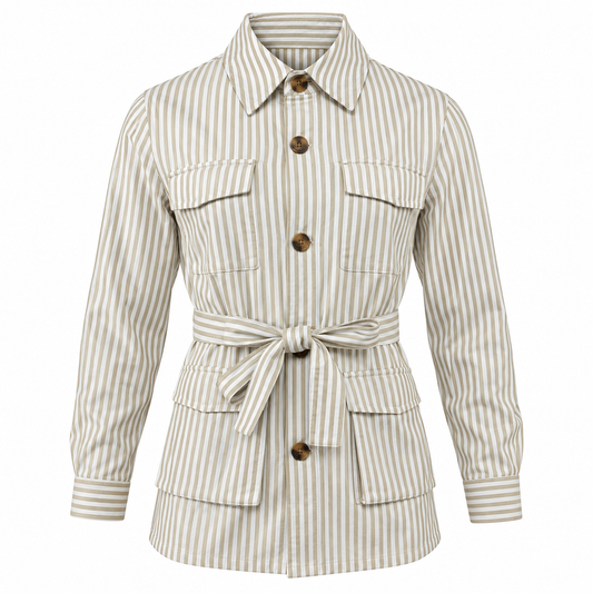 Chaqueta sahariana para hombre, a rayas, con cinturón y cuatro bolsillos de parche