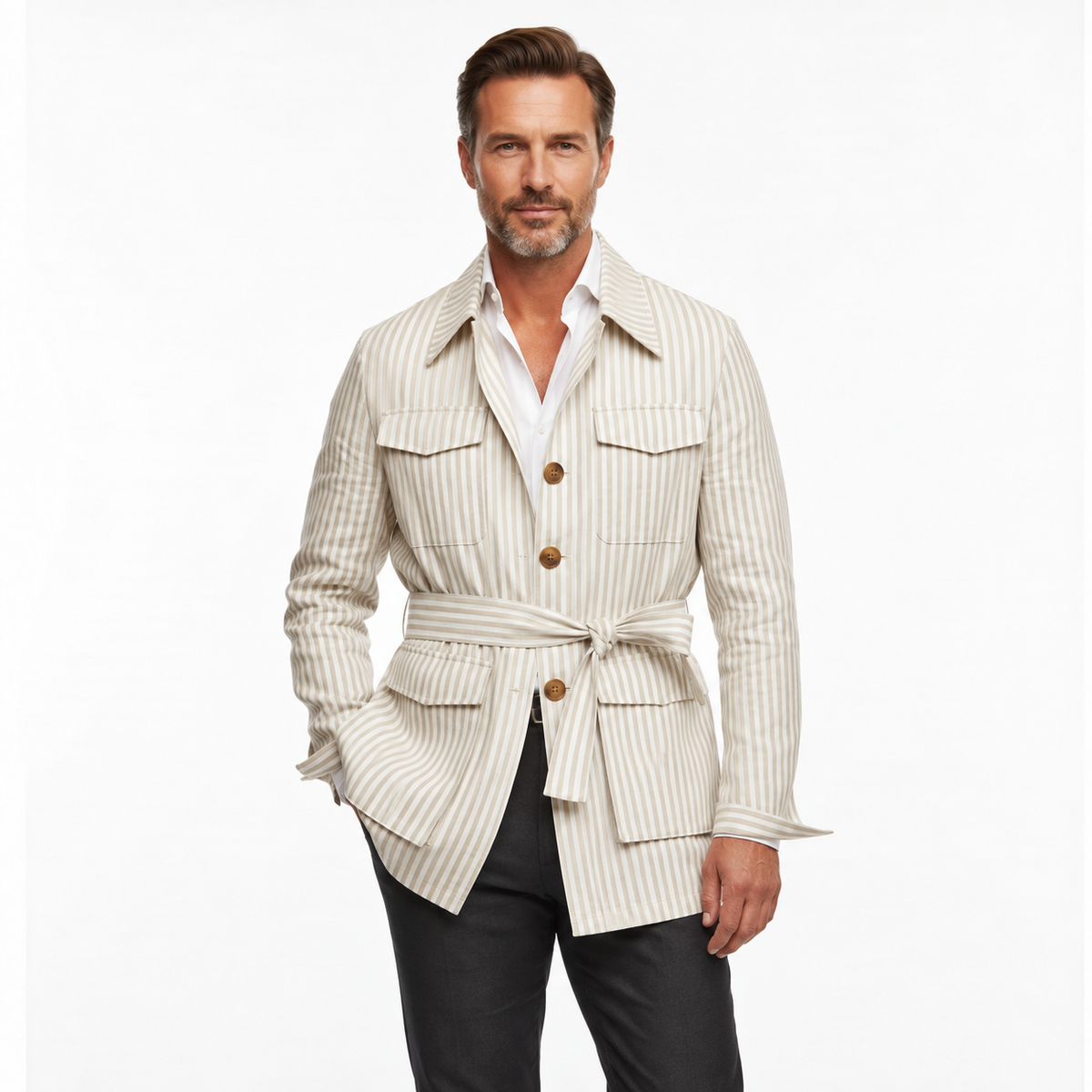 Chaqueta sahariana para hombre, a rayas, con cinturón y cuatro bolsillos de parche
