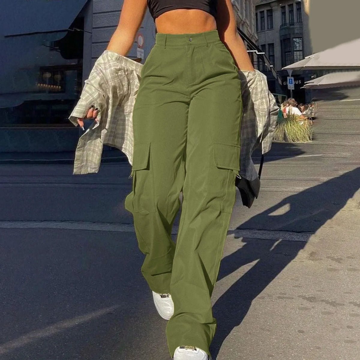 Pantalon cargo baggy femme taille haute multipoches style