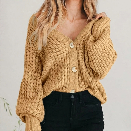 Cardigan oversize da donna in maglia grossa, con maniche a palloncino e scollo a V