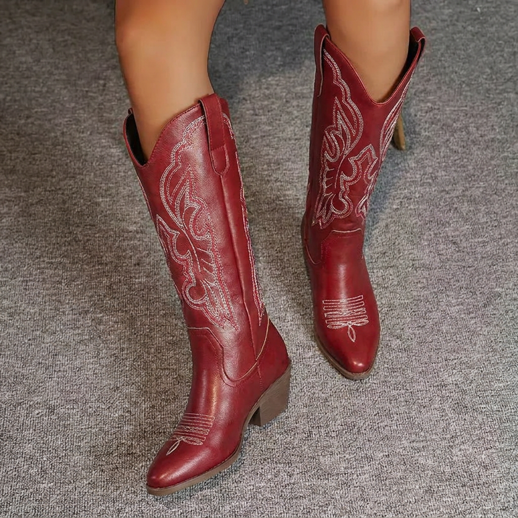 Botas vaqueras de mujer con bordado, tacón cuadrado y auténtico estilo western