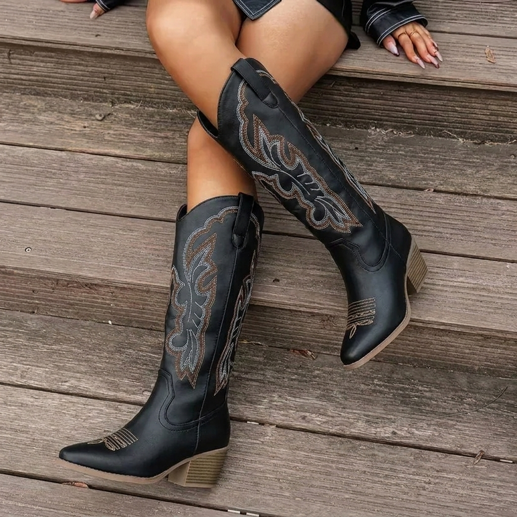 Botas vaqueras de mujer con bordado, tacón cuadrado y auténtico estilo western