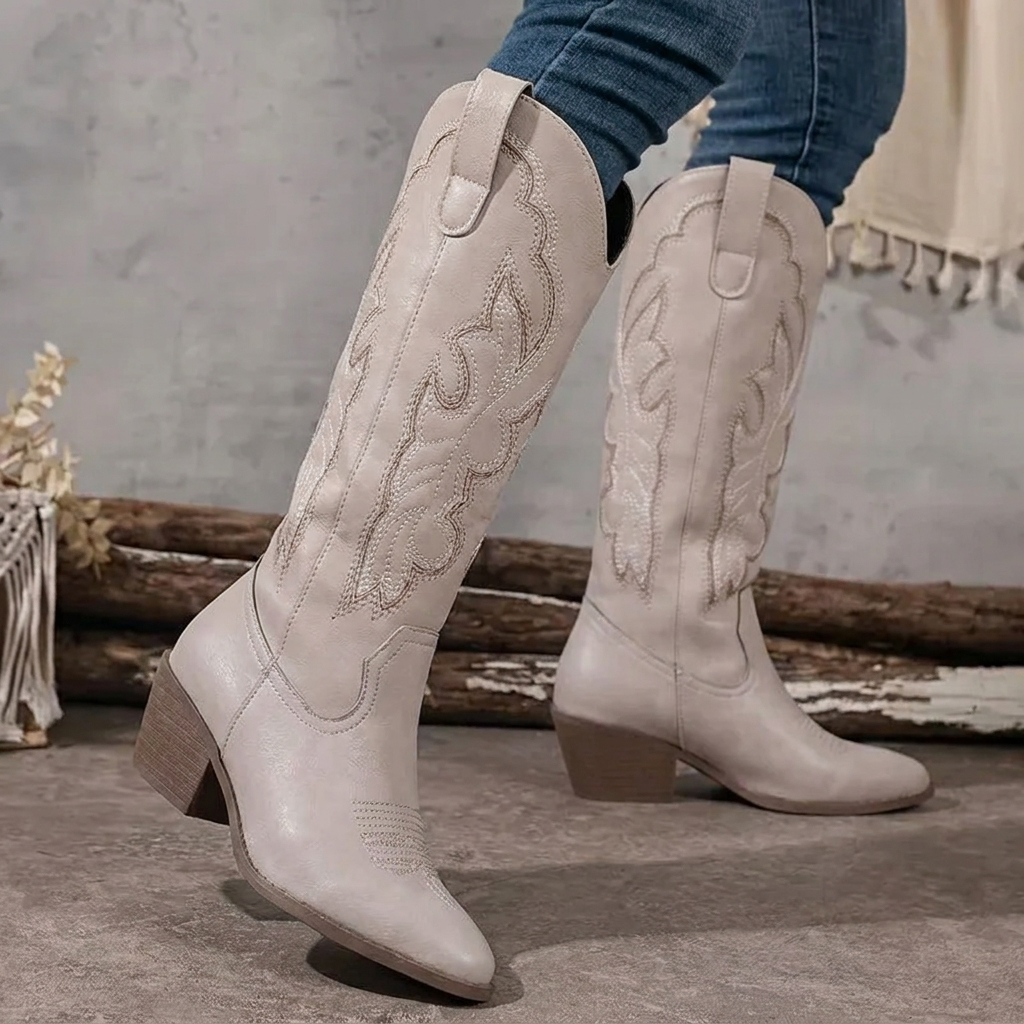 Botas vaqueras de mujer con bordado, tacón cuadrado y auténtico estilo western