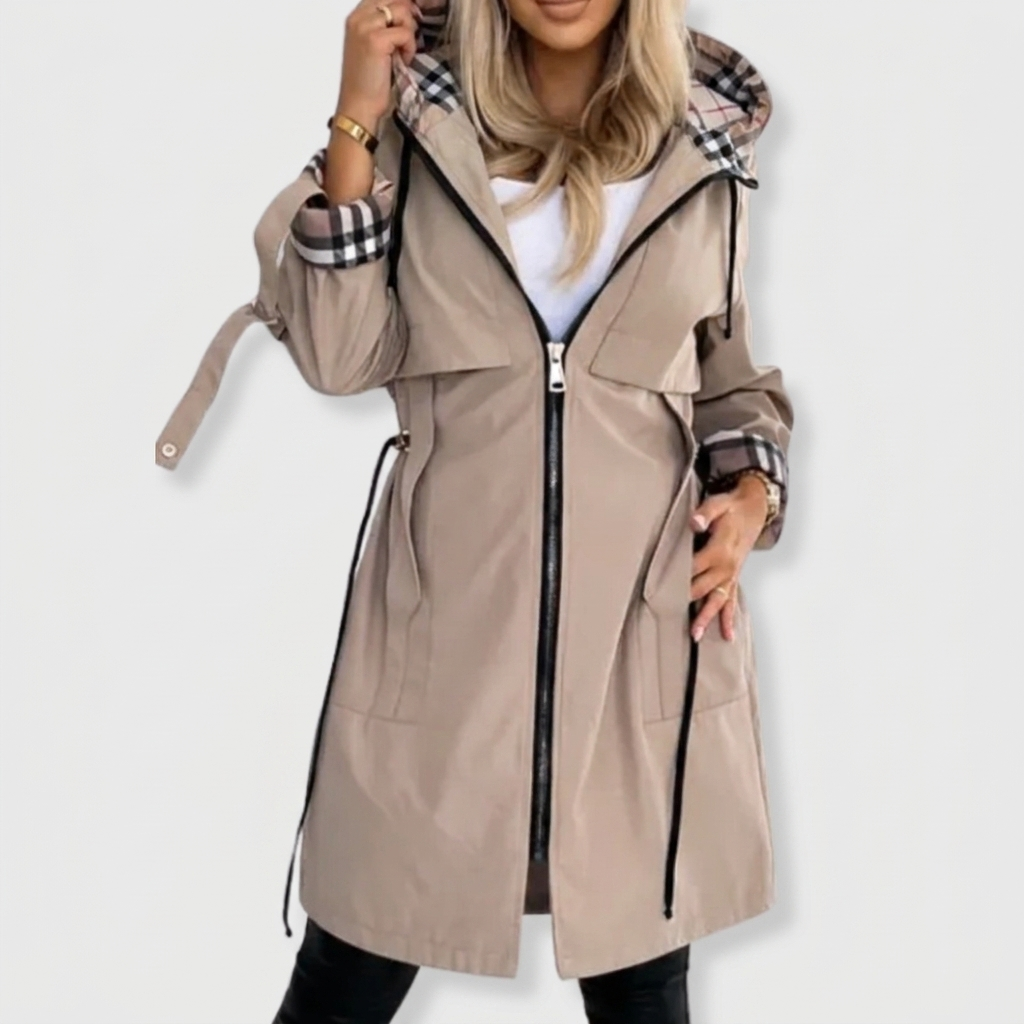 Veste de pluie femme longue capuche doublure carreaux zip