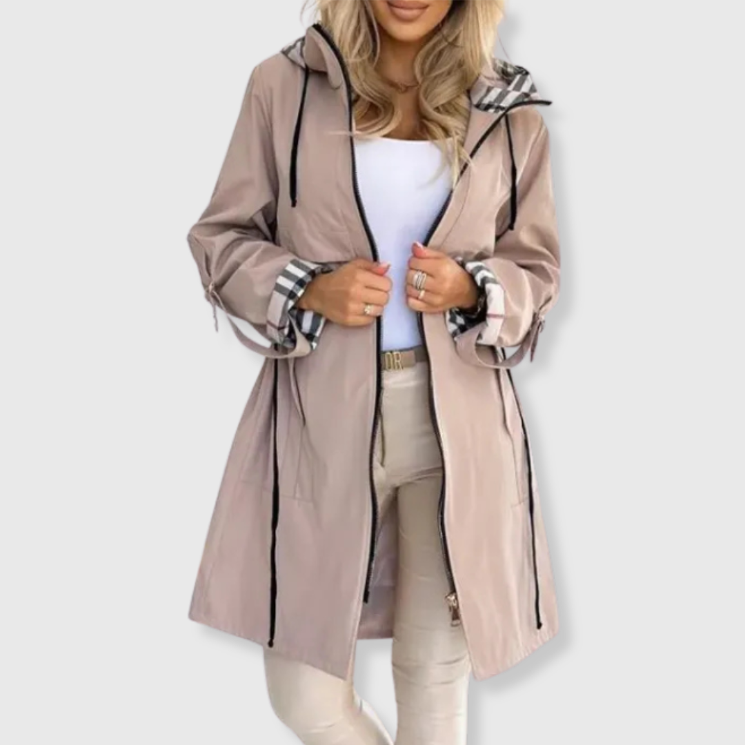 Veste de pluie femme longue capuche doublure carreaux zip