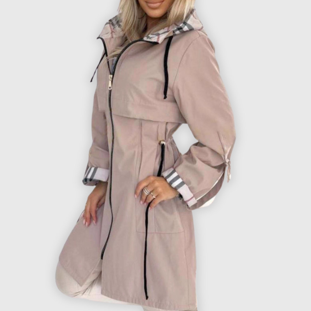 Veste de pluie femme longue capuche doublure carreaux zip