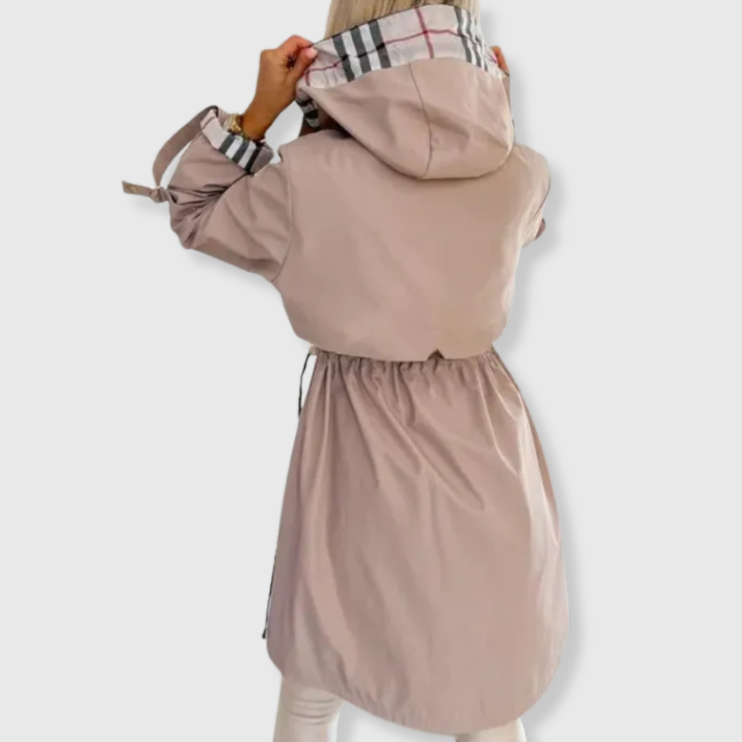 Veste de pluie femme longue capuche doublure carreaux zip