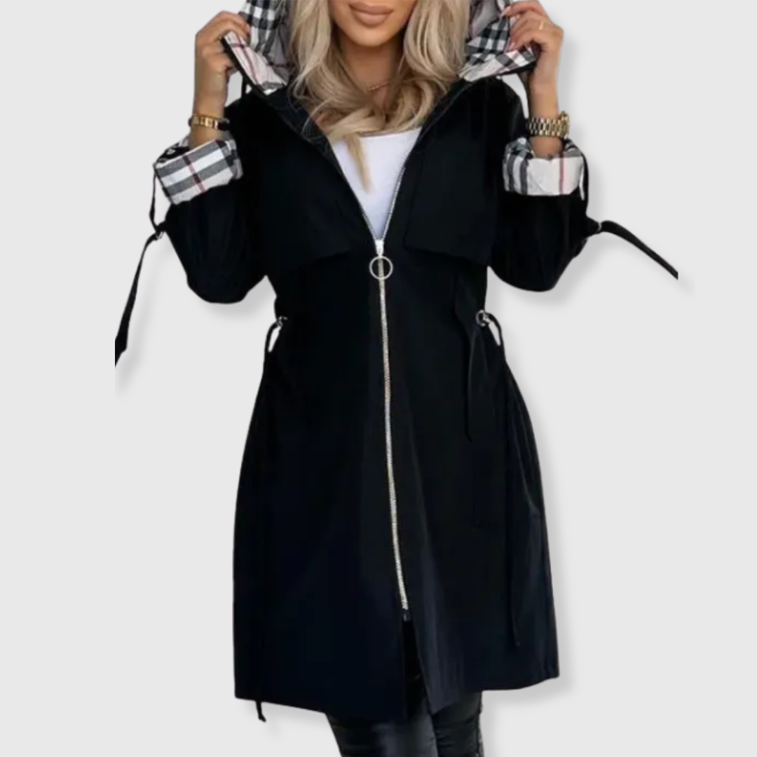 Veste de pluie femme longue capuche doublure carreaux zip