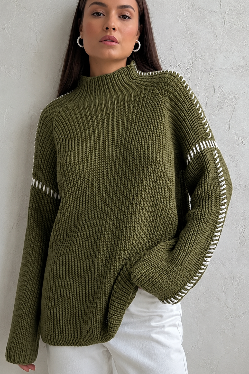 Pull femme chunky oversize col montant point contrasté hiver