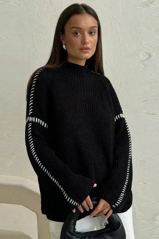 Pull femme chunky oversize col montant point contrasté hiver