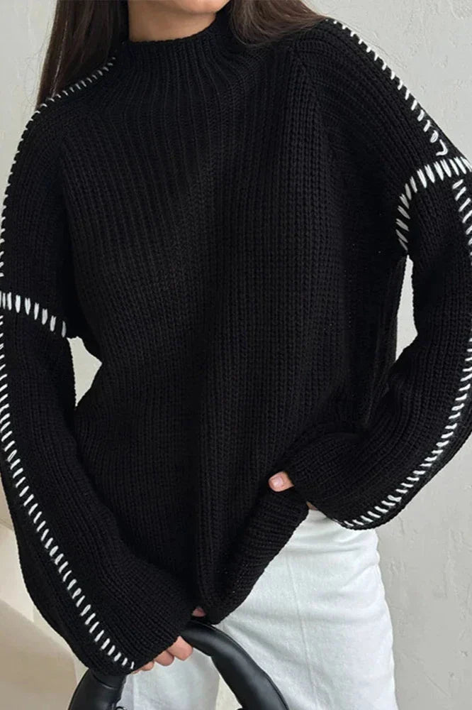Pull femme chunky oversize col montant point contrasté hiver