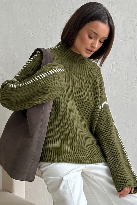 Maglione chunky oversize da donna a collo alto, con lavorazione a contrasto, per l’inverno