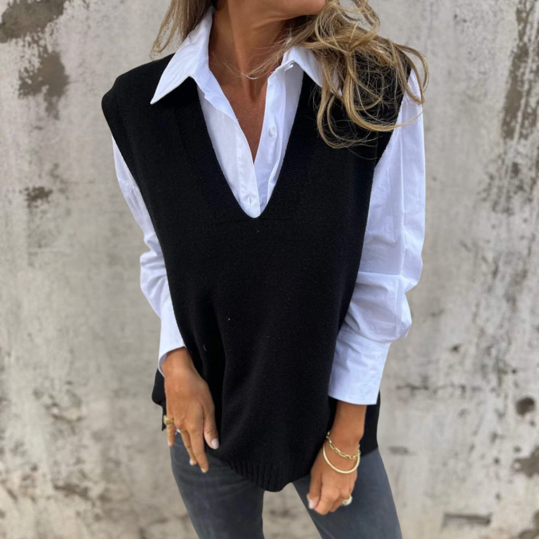 Gilet tricoté femme oversize col V plongeant finitions côtelées
