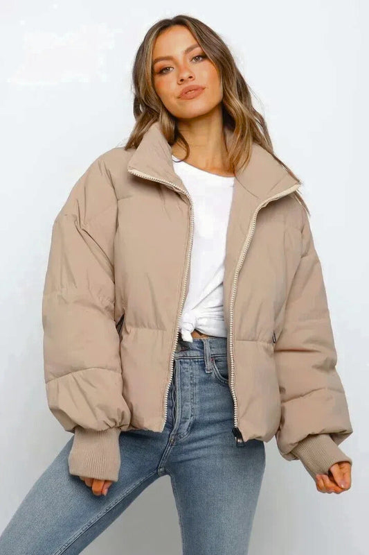 Women's short quilted puffer jacket, fitted cut, ribbed cuffs
