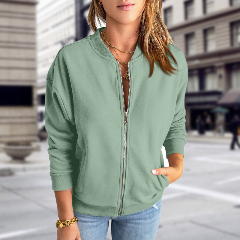 Women's zip-up bomber jacket with pockets, casual and trendy